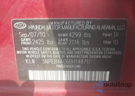 2011 Hyundai Sonata Gls z USA, uszkodzony, nr VIN 5NPEB4AC6BH148711